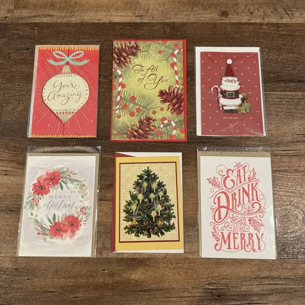 Lot of Six Christmas Cards Minted Hallmark Carlton Santa Ornament Retail $32